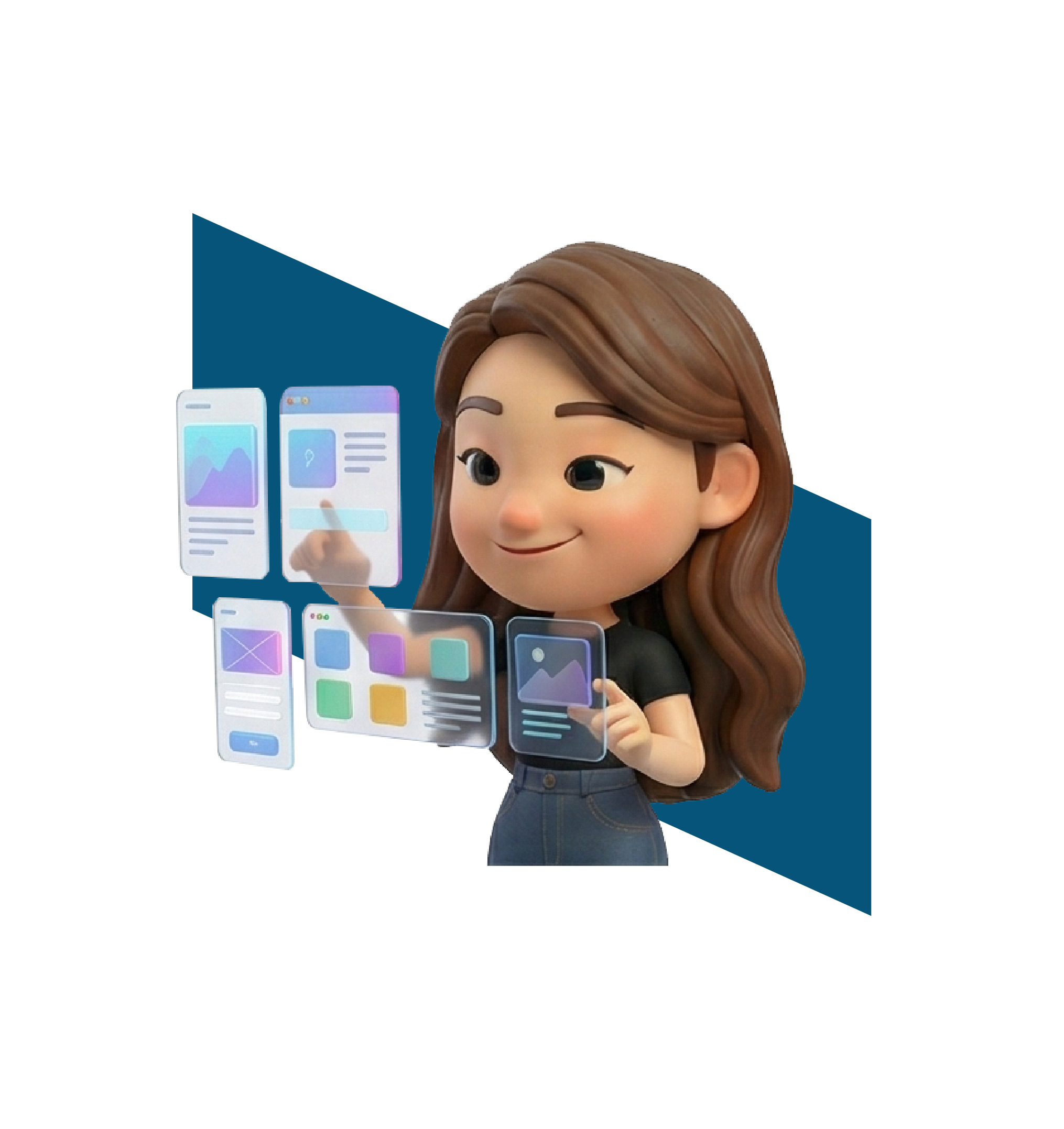 Trinergy's creative team crafts captivating visuals and engaging UI/UX designs, offering services like web, mobile, and immersive design, illustrated by a dynamic abstract architecture representing innovation.